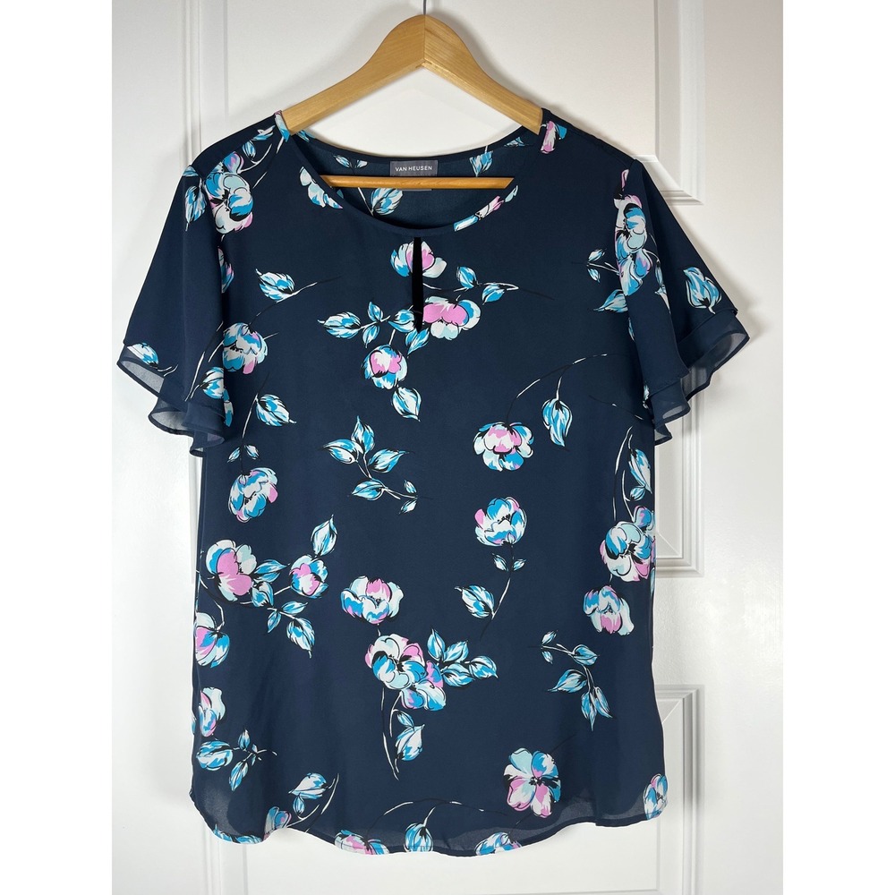 Van Heusen Navy Blue Floral Flutter Sleeve Keyhole Blouse Medium